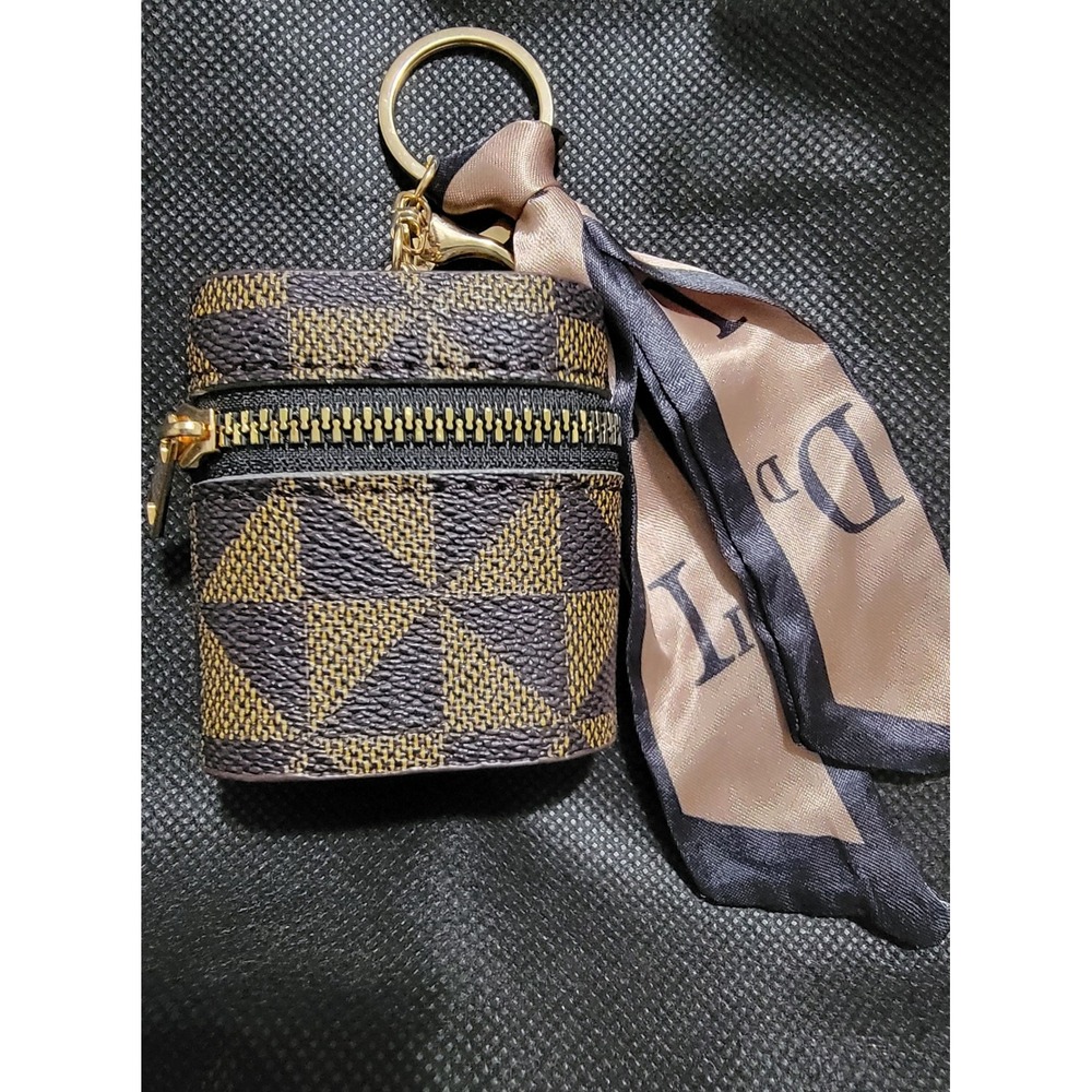 Checkered AirPods Case Keychain Brown Geometric Pattern with‎ Scarf Accent